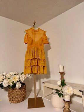Self-Portrait Mustard Yellow Eyelet Tiered Mini Dress